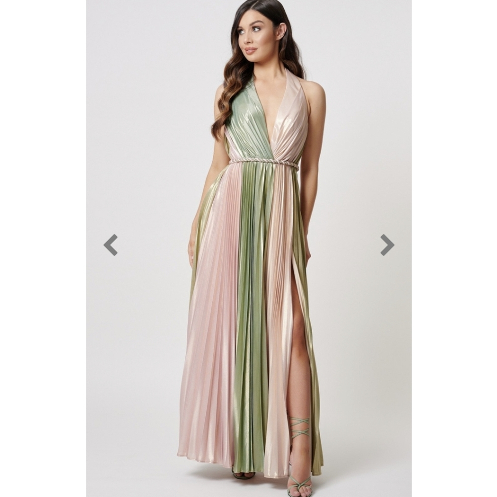 FOREVER UNIQUEMARLO GREEN AND PINK HALTER NECK DRESS (Size: EUR-36, UK-8, US-4)